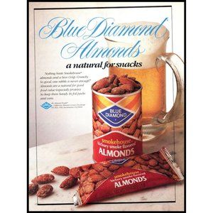 1984 Blue Diamond Smokehouse Almonds Vintage Print Ad Snacks Beer Wall Art Decor